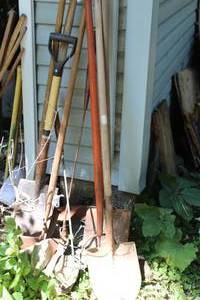 lot 816 image: Lot of (9) Yard Tools - Shovels (x4), HayWeed Cutter (x2), Picks (x2), Claw