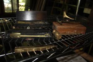 lot 927 image: Lot of (6) Brass Items - Racket, Shovel, Gavel, Shaver, Foot, Pen