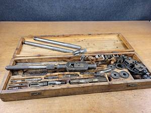 lot 2208 image: GT&D Tap & Die Set - includes Up to 1 NPT Taps, Up to 12 NPT Dies, Reamers and Some Standard Thread Taps - Case is about 32 x 10