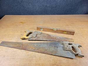 lot 2215 image: Pair of Vintage Wood Saws and Wood Level