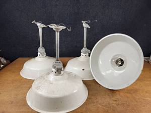 lot 2261 image: Set of (4) Vintage Porcelain  Metal Warehouse Lights - 16.75 Diameter x 19 Tall - NO SHIPPING