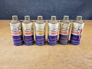 lot 2266 image: Lot of (6) 16oz ARCHER Linseed Oil Cans - Most Seem Full - NO SHIPPING