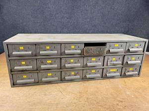 lot 2284 image: Metal 18-Drawer Parts Cabinet - Overall about 33.5 x 11.5 x 10.5 - NO SHIPPING