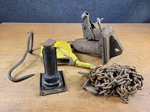 lot 2370 image: Mounted Bottle Jack, Hook Pulley, Log Chain and More - NO SHIPPING