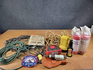 lot 2371 image: Extension Cords, Shop Labor Sign, New Bottles of Liquid Fire Drain Cleaner and More - NO SHIPPING