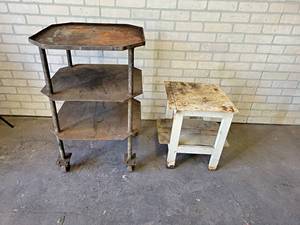 lot 2373 image: Rolling Steel 3-Tier Shop Shelf and Smaller Shelf - NO SHIPPING