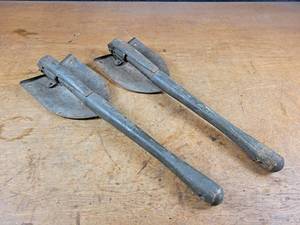 lot 2388 image: Set of Vintage Military Folding Shovels - Wood Handles