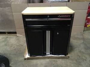 Ready-to-Assemble 24-Gauge Steel 1-Drawer 2-Door Garage Base Cabinet in Black (28 in. W x 33 in. H x 18 in. D by Husky Customer Returns See Terms on Auction