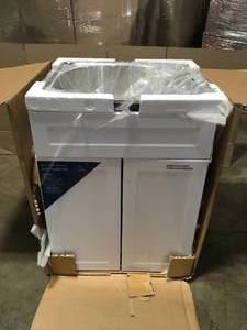 All-in-One Stainless Steel 24 in Laundry Sink with Faucet and Storage Cabinet in White by Glacier Bay Customer Returns See Terms on Auction