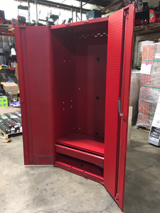 Heavy Duty Welded 20-Gauge Steel Freestanding Garage Cabinet in Red (36 in. W x 81 in. H x 24 in. D) by Husky Damaged on Door Openings Customer Returns See Terms on Auction