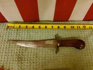 lot 15 image: Very unique  fixed blade knife with wood sheath.