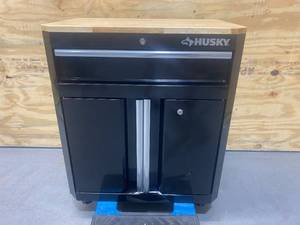 lot 62 image: HUSKY 24-Gauge Steel 1-Drawer 2-Door Garage Base Cabinet in Black (28 in. W x 33 in. H x 18 in. D