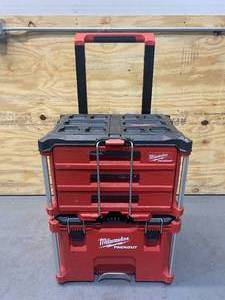 lot 47 image: MILWAUKEE PACKOUT 22 in. Rolling Tool Box with MILWAUKEE PACKOUT 22 in. Modular 3-Drawer Tool Box with Metal Reinforced Corners