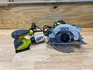 lot 72 image: RYOBI 2 Amp Corded 14 Sheet Sander with  RYOBI 15 Amp Corded 7-14 in. Circular Saw