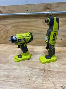 lot 73 image: RYOBI ONE 18V Cordless Brushless 3-Speed 14 in. Hex Impact Driver with RYOBI P343 18V One Cordless Oscillating Multi-Tool (Tools Only)