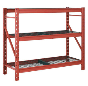 lot 76 image: HUSKY Lot of 2- 3-Tier Heavy Duty Industrial Welded Steel Garage Storage Shelving Units in Red (65 in. W x 54 in. H x 24 in. D)