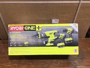 lot 29 image: RYOBI ONE 18V Lithium-Ion Cordless 4-Tool Combo Kit with Batteries, 18V Charger, and Bag - Review all pictures, Customer Return
