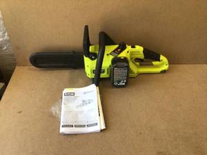 lot 73 image: RYOBI ONE HP 18V Brushless 10 in. Cordless Battery Chainsaw, Battery, No Charger- Customer Return May Contain Missing PCS Review all pictures