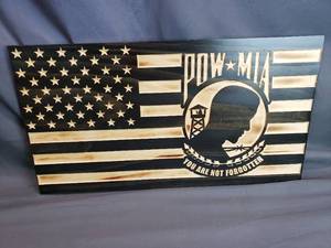 lot 1 image: POW MIA CNC Burned Wood American Flag