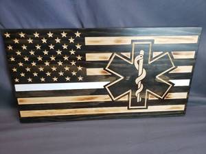 lot 2 image: EMS  EMT CNC Burned Wood American Flag