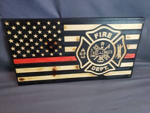 lot 3 image: Fire Department CNC Burned Wood American Flag