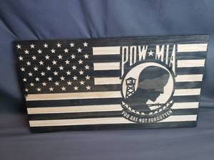 lot 7 image: Unfinished POW MIA CNC Burned Wood American Flag