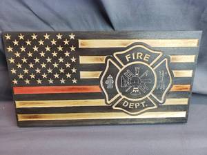 lot 8 image: Small Fire Department CNC Burned Wood American Flag
