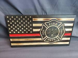 lot 10 image: Small Fire Department CNC Burned Wood American Flag
