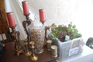 Tote of artificial ivy, tall candle...