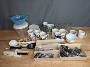 lot 119 image: Assortment of Glass Cups, Mugs, Kitchen Utensils, Stainless Silverware and More W