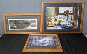 lot 132 image: (3) Framed Matted Prints Beside Still Waters by Kim Norlien, Print by Carl Valente, Print of Tablescape  W