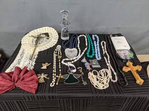 lot 133 image: Variety of Religious Items Rosary, Crucifixes, Crosses, Angels, Small Bible and More  W