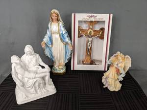 lot 135 image: Lot of 4 Religious FiguresDecor Pieta Fine Bone China, Ceramic Mary, Crucifix, Ceramic Angel  W
