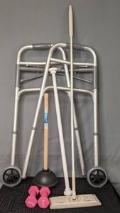 lot 139 image: Folding Drive Walker, Pair of Pink 2 lb. Weights, Plunger, Swiffer, Tension Curtain Rod   W