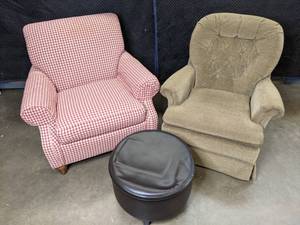 lot 118 image: CR Laine Furniture & FlexSteel Furniture Arm Chairs and Round Storage Ottoman W