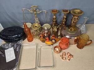 lot 195 image: All Fall Yall Amber, Orange, Brown Ceramic, Glass, Pyrex, Ardco Chickens, Turkey Roaster, Candle Holders, and More  Y