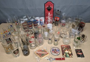 lot 198 image: Large Lot of Vintage Logoed Glassware & Accessories Coke, Pepsi, Jack Daniels, Lite Beer, Budweiser, PBR, and More  Y