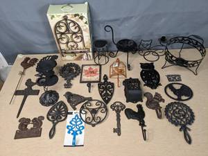 lot 204 image: Wrought IronCast Iron Wall Hooks, Plant Stands, Candle Holders, Moroccan Candelaria, Welcome Placards, and More  Y