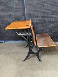 lot 206 image: VintageAntique Sears Roebuck & Co Wood and Wrought Iron School Desk with Built In Seat  Y