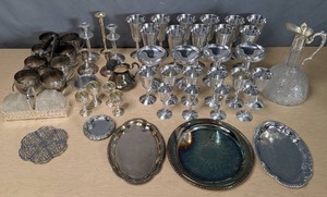 lot 148 image: Beautiful Silver Collection Serving Trays, Candle Holders, Decanter, Various Vintage Silverstone Plator Spain Goblets, De La Pena Creamer, Small Plates, & More Y