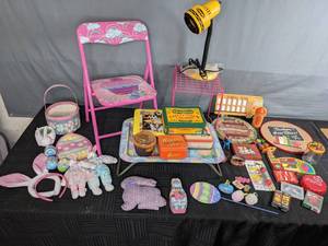 lot 211 image: Mixed Lot Easter Goodies, Childs Folding Chair, Lap Desk, Tins with Lids, Crayola Lamp, Toys, and More  Y