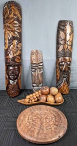 lot 168 image: Collection of Carved Wood Decor (3) Hand Carved Wooden Masks, Leilani Genuine Monkey-Pod Wood Fruit Bowl w Fruit, & More Y