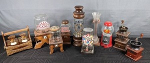 lot 171 image: Wonderful Vintage Collection Mr. Dudley International Coffee Grinder, Jelly Belly Dispenser, Gumball Machine, Scotch Dispenser, Great Carousel Peanut Dispenser, & More  Y