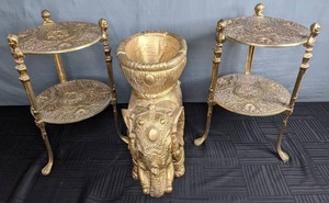lot 147 image: Vintage Pair of Two-Tier Brass Cherub StandTables w Lions Feet & Large Ornate Brass Elephant Y