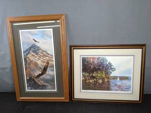 lot 319 image: River Scene Framed Art by Gary Spetz 211500 and Eagle Framed Print by Rick Kelley Z
