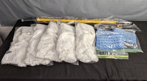 lot 339 image: Hygen Mop Pole, Rubbermaid, saddleback webhead mops plus blue dusters P