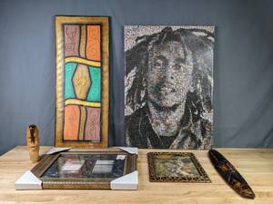 lot 285 image: Wonderful Array of Art Bob Marley, Wooden Mask Decor, Photo Frame, Tiger, & A. Clifford Z