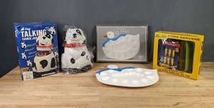 lot 193 image: A Trio of Kitchen Kitchy items Cookie Jar, Egg Plate, Corn Servers, Etc. Y