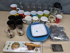 lot 245 image: Collection of Cups, Plates, Silverware, Mason Jars, (1) Dedza Malawi Stoneware Mug, Silverware, and More  Z
