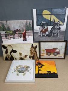 lot 322 image: 6-Piece Lot of Wall Art Batman & Robin Dogs, Santa with Horses, CowPigHorse, Crab, Dump Truck, Elephant  Q